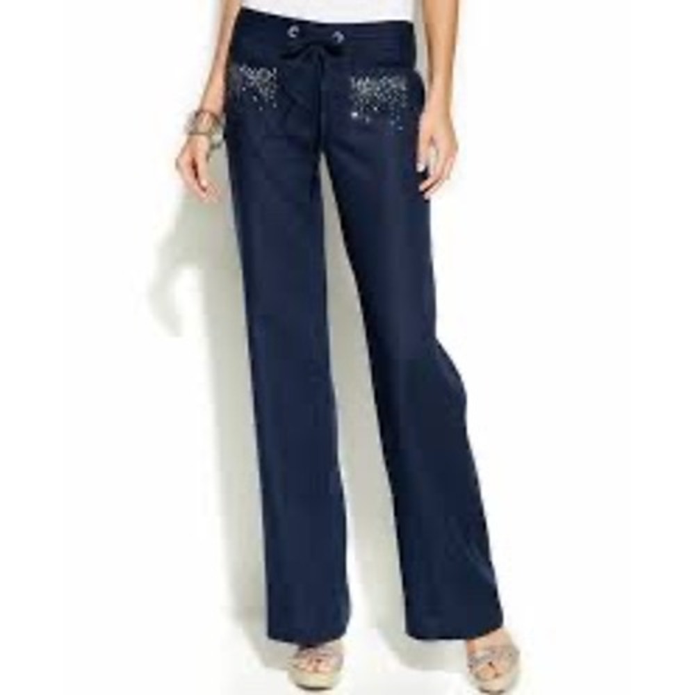 International Concepts Navy Blue Linen Wide Leg‎ Drawstring Pants Rhinestones